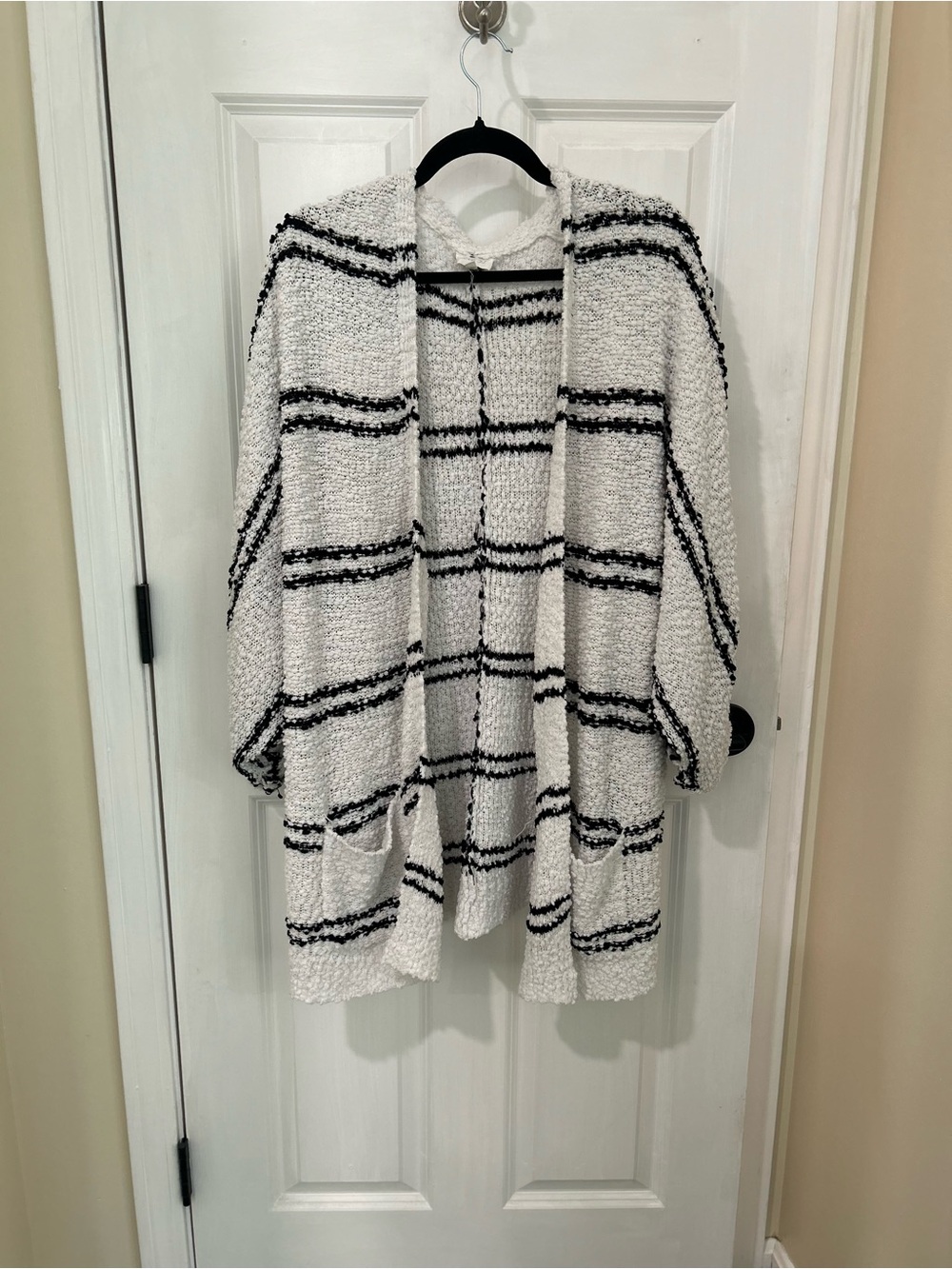 Sienna Sky White Bouclé Open-Front Cardigan with Black Stripes